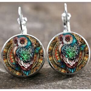 Owl Glass Silver Glass Cabochon Earrings French Wire Lever back